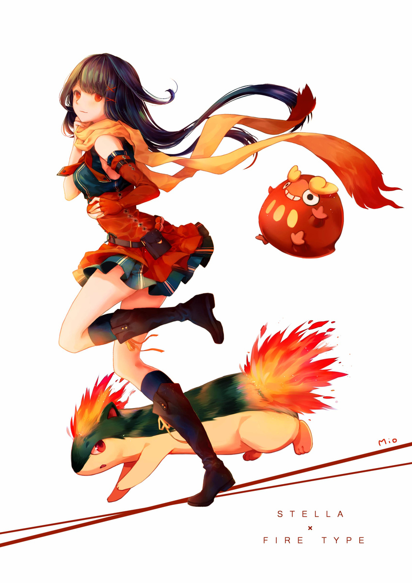 absurdres artist_name bad_id bad_pixiv_id black_footwear black_hair black_legwear boots character_name darumaka detached_sleeves english fiery_tail fire gen_2_pokemon gen_5_pokemon hair_ornament highres holding holding_poke_ball kneehighs long_hair looking_at_viewer mio_(mio84214) original poke_ball pokemon pokemon_(creature) pouch quilava red_skirt scarf skirt standing standing_on_one_leg tail white_background x_hair_ornament yellow_scarf