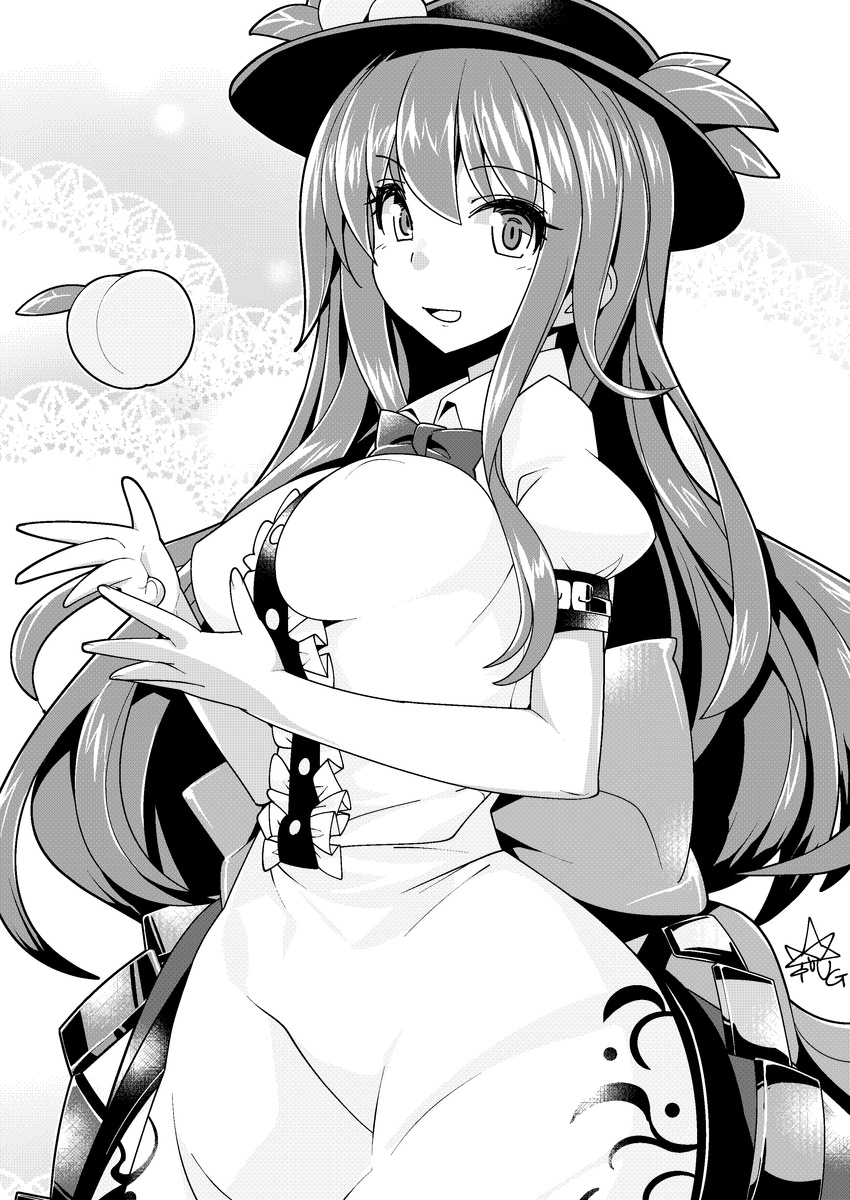:d absurdres bangs blouse breasts commentary_request covered_nipples cowboy_shot food frills from_side fruit greyscale hat highres hinanawi_tenshi leaf long_hair looking_at_viewer looking_to_the_side medium_breasts monochrome open_mouth parted_lips peach puffy_short_sleeves puffy_sleeves rainbow_order short_sleeves sidelocks skirt smile solo touhou umigarasu_(kitsune1963) wide_hips