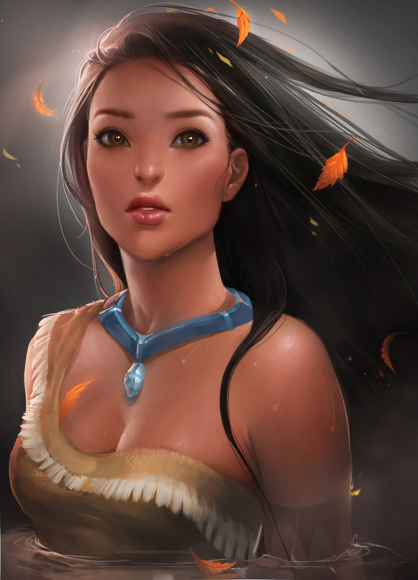 banned_artist bare_shoulders black_hair breasts brown_eyes cleavage highres jewelry leaf lips long_hair looking_at_viewer medium_breasts native_american necklace partially_submerged pendant pocahontas pocahontas_(disney) realistic sakimichan water watermark wet