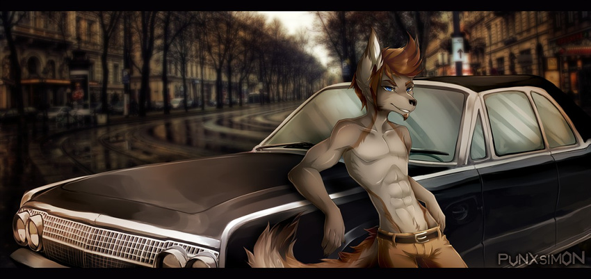 5_fingers abs anthro black_nose blue_eyes brown_hair canine car clothed clothing day detailed_background fur grey_fur hair mammal outside punxsimon smile topless vehicle wolf