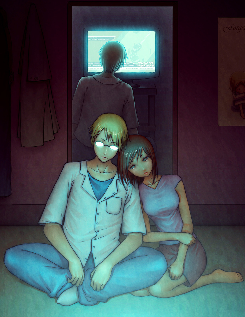 1girl barefoot blonde_hair brown_hair commentary couple dark death different_reflection father_and_daughter glasses hallucination head_on_shoulder hetero highres indoors mike_inel mirror original reflection sad short_hair sitting skirt television watching_television