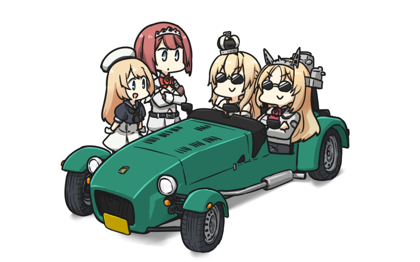 4girls ark_royal_(kantai_collection) bangs black_neckwear blonde_hair blue_eyes blue_sailor_collar blunt_bangs bob_cut braid car cleavage_cutout commentary_request crossed_arms crown dress eyewear_on_head flower french_braid full_body gloves grey_eyes ground_vehicle hairband hamu_koutarou hat headgear highres jervis_(kantai_collection) kantai_collection long_hair long_sleeves military military_uniform mini_crown motor_vehicle multiple_girls neckerchief nelson_(kantai_collection) off-shoulder_dress off_shoulder red_flower red_hair red_ribbon red_rose ribbon riding rose sailor_collar sailor_dress sailor_hat short_hair short_sleeves simple_background tiara uniform warspite_(kantai_collection) white_background white_dress white_gloves white_hat