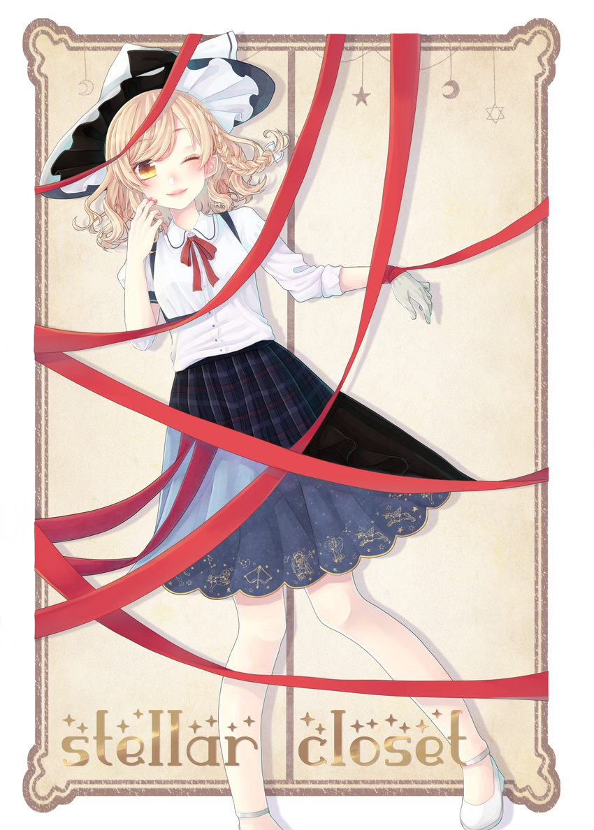 alternate_costume alternate_hair_length alternate_hairstyle blush border braid constellation_print contemporary cover cover_page doujin_cover dutch_angle gloves hat highres kirisame_marisa lips looking_at_viewer mei_(mei19132) nail_polish neck_ribbon one_eye_closed pleated_skirt red_nails ribbon shirt shoes short_hair side_braid skirt solo touhou white_gloves witch_hat yellow_eyes