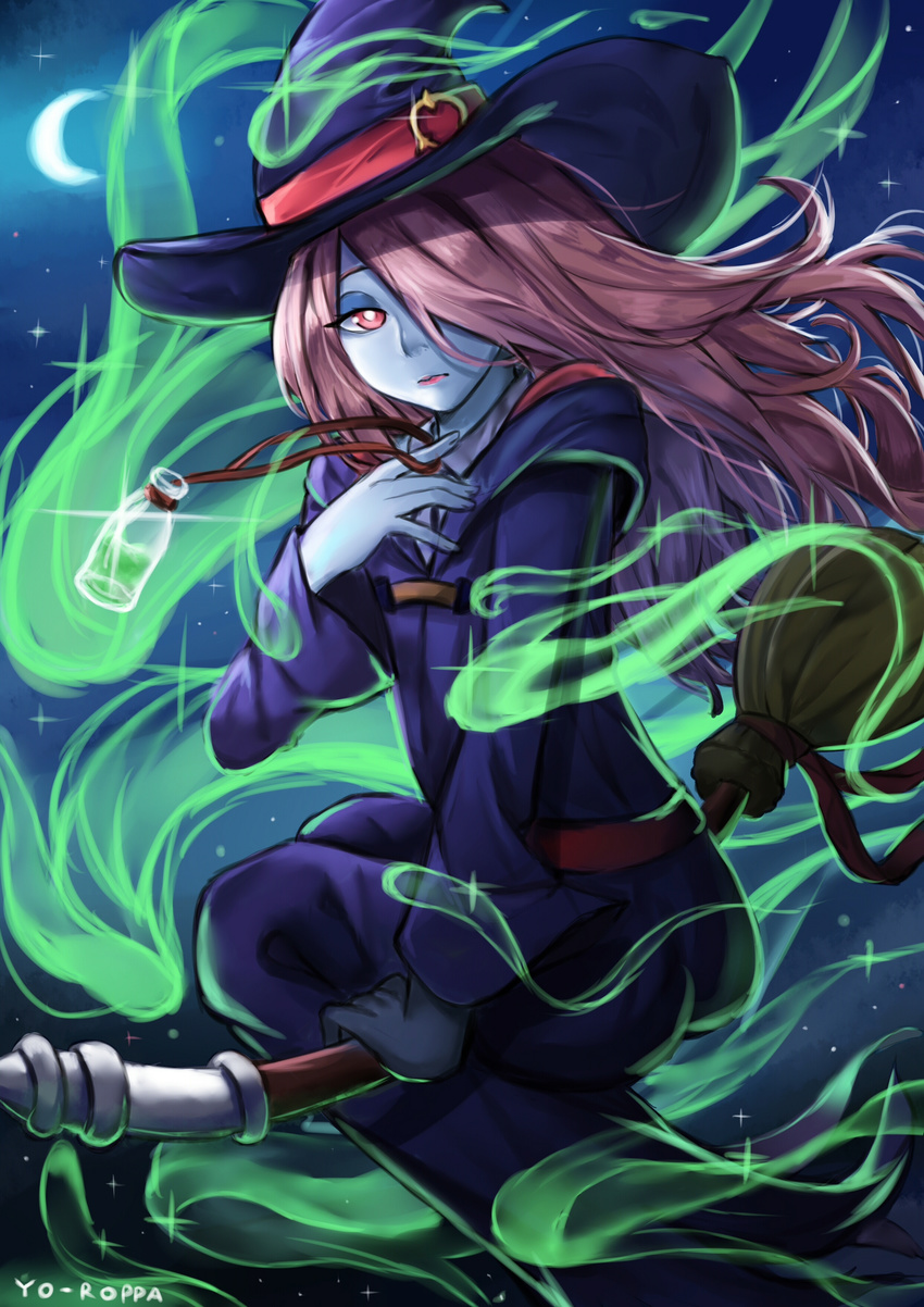 absurdres artist_name broom broom_riding crescent_moon hair_over_one_eye hat hat_belt highres little_witch_academia long_hair moon night night_sky pale_skin pink_hair potion red_eyes robe school_uniform sidesaddle sky solo star_(sky) sucy_manbavaran witch_hat yo-roppa