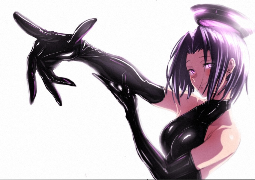 alternate_costume bad_perspective black_dress black_gloves blush breasts dress elbow_gloves foreshortening gloves hair_intakes halter_dress kantai_collection latex latex_dress latex_gloves mechanical_halo medium_breasts pointing pointing_at_viewer purple_eyes purple_hair short_hair simple_background solo tatsuta_(kantai_collection) ulrich_(tagaragakuin) white_background