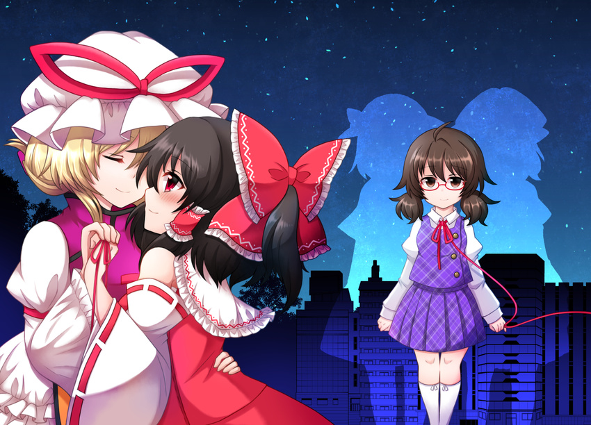 ahoge alternate_hairstyle bangs black_hair blonde_hair blush bow brown_eyes brown_hair cityscape closed_eyes collared_shirt commentary_request detached_sleeves dress face-to-face forest frilled_dress frilled_shirt_collar frills glasses hair_between_eyes hair_bow hair_tubes hair_up hakurei_reimu hand_on_another's_back hat hat_ribbon hug kneehighs long_sleeves looking_at_another low_twintails maribel_hearn mob_cap multiple_girls nature night night_sky no_hat no_headwear plaid plaid_skirt plaid_vest pleated_skirt puffy_long_sleeves puffy_sleeves purple_skirt purple_vest red-framed_eyewear red_shirt red_skirt red_string ribbon ribbon-trimmed_sleeves ribbon_trim school_uniform semi-rimless_eyewear shiny shiny_hair shiohachi shirt short_hair short_ponytail sidelocks silhouette skirt sky smile star_(sky) starry_sky string tabard touhou twintails under-rim_eyewear usami_renko usami_sumireko vest white_dress wide_sleeves yakumo_yukari