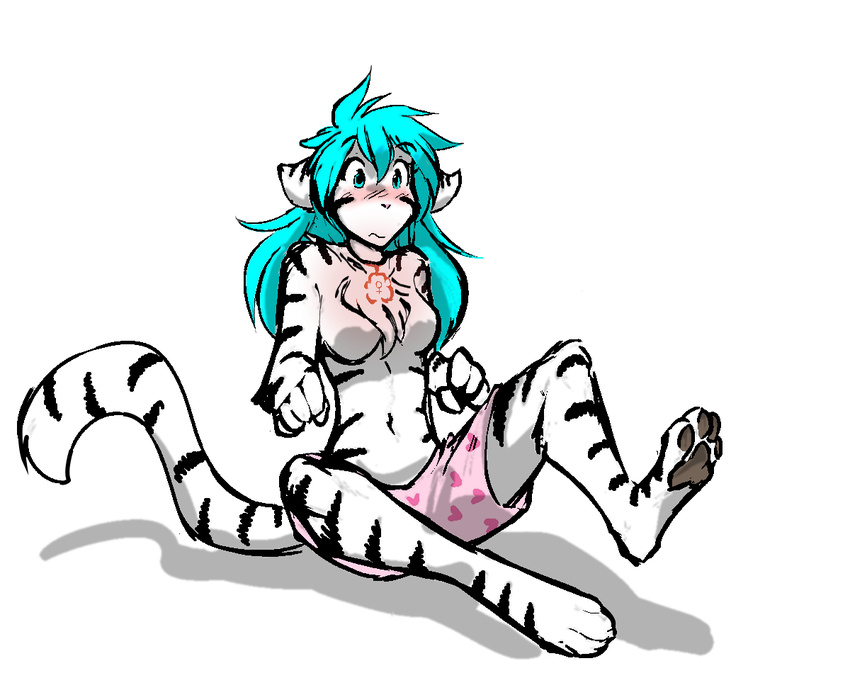 &lt;3 2017 alternate_species anthro blue_eyes blue_hair boxers_(clothing) breasts chest_tuft clothed clothing collar collar_of_keidranification collar_tag crossgender digitigrade featureless_breasts feline female fur furrification hair keidran long_hair mammal navel partially_clothed pawpads pendant simple_background sitting solo striped_fur stripes tiger tiger_trace tom_fischbach topless trace_legacy transformation tuft twokinds underwear webcomic white_background white_fur