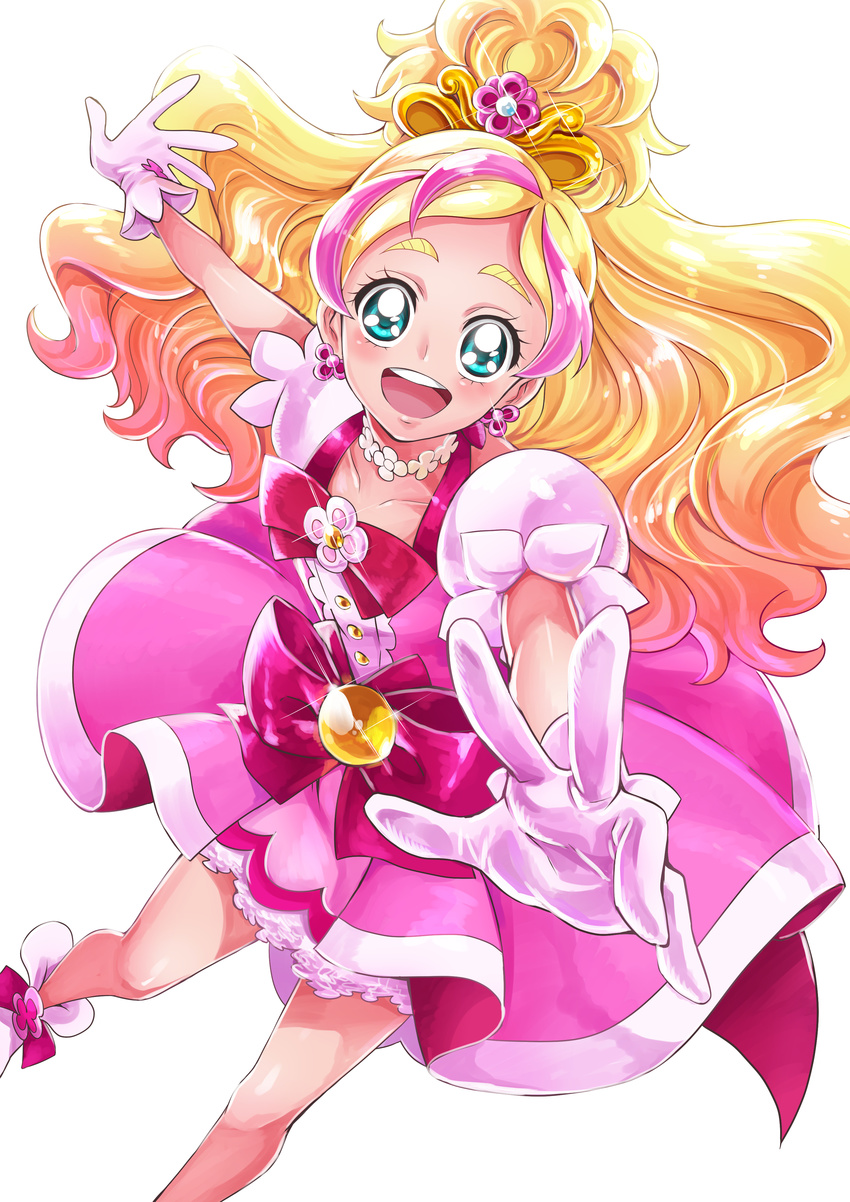 1girl :d absurdres blonde_hair bow brooch commentary_request cowboy_shot cure_flora duplicate flower flower_necklace gloves go!_princess_precure gradient_hair green_eyes haruno_haruka highres jewelry long_hair looking_at_viewer magical_girl multicolored_hair necklace open_mouth outstretched_hand pink_bow pink_hair pink_skirt precure puffy_sleeves sharumon shoes skirt smile solo streaked_hair thick_eyebrows two-tone_hair waist_bow white_background white_footwear white_gloves
