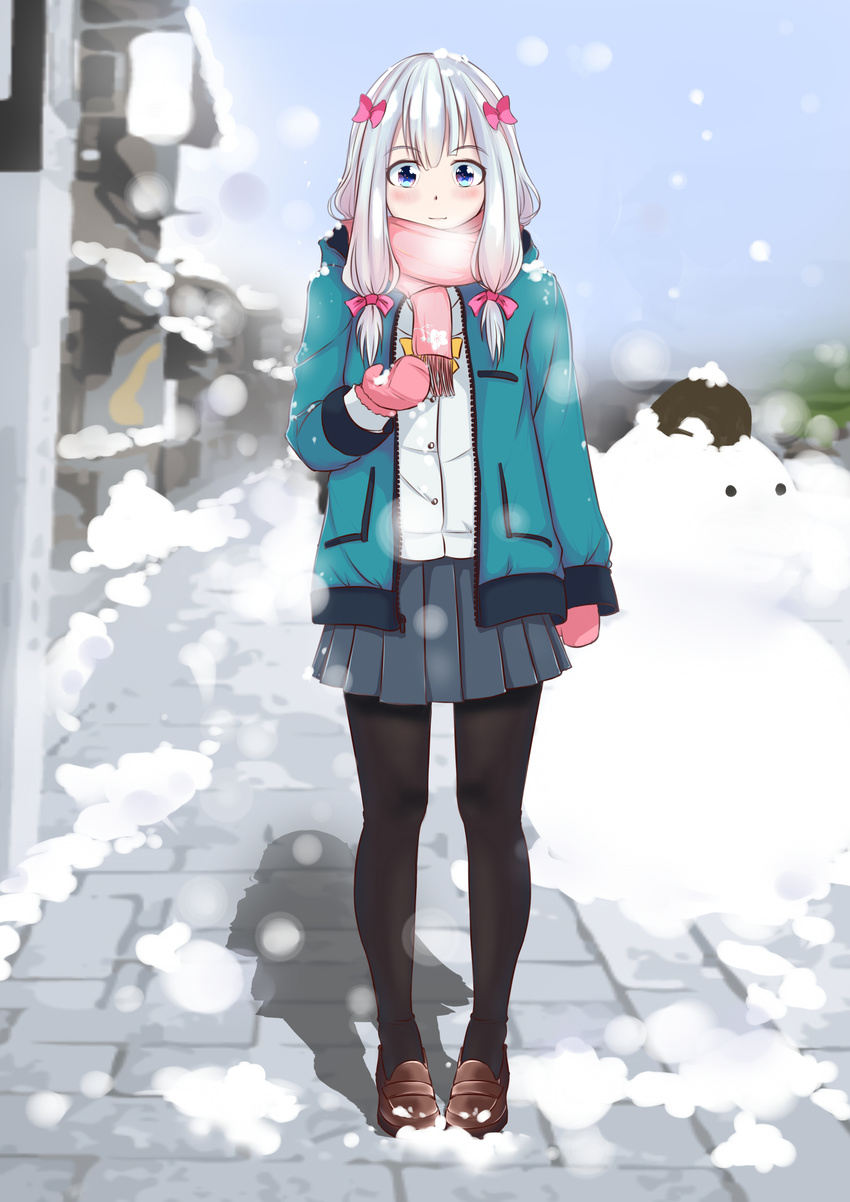 absurdres black_legwear blue_eyes bow day eromanga_sensei full_body green_jacket hair_bow highres hood hooded_jacket izumi_sagiri jacket jizi loafers long_hair mittens open_clothes open_jacket outdoors pantyhose pink_bow pleated_skirt road scarf school_uniform shoes silver_hair skirt snow snowing snowman standing street