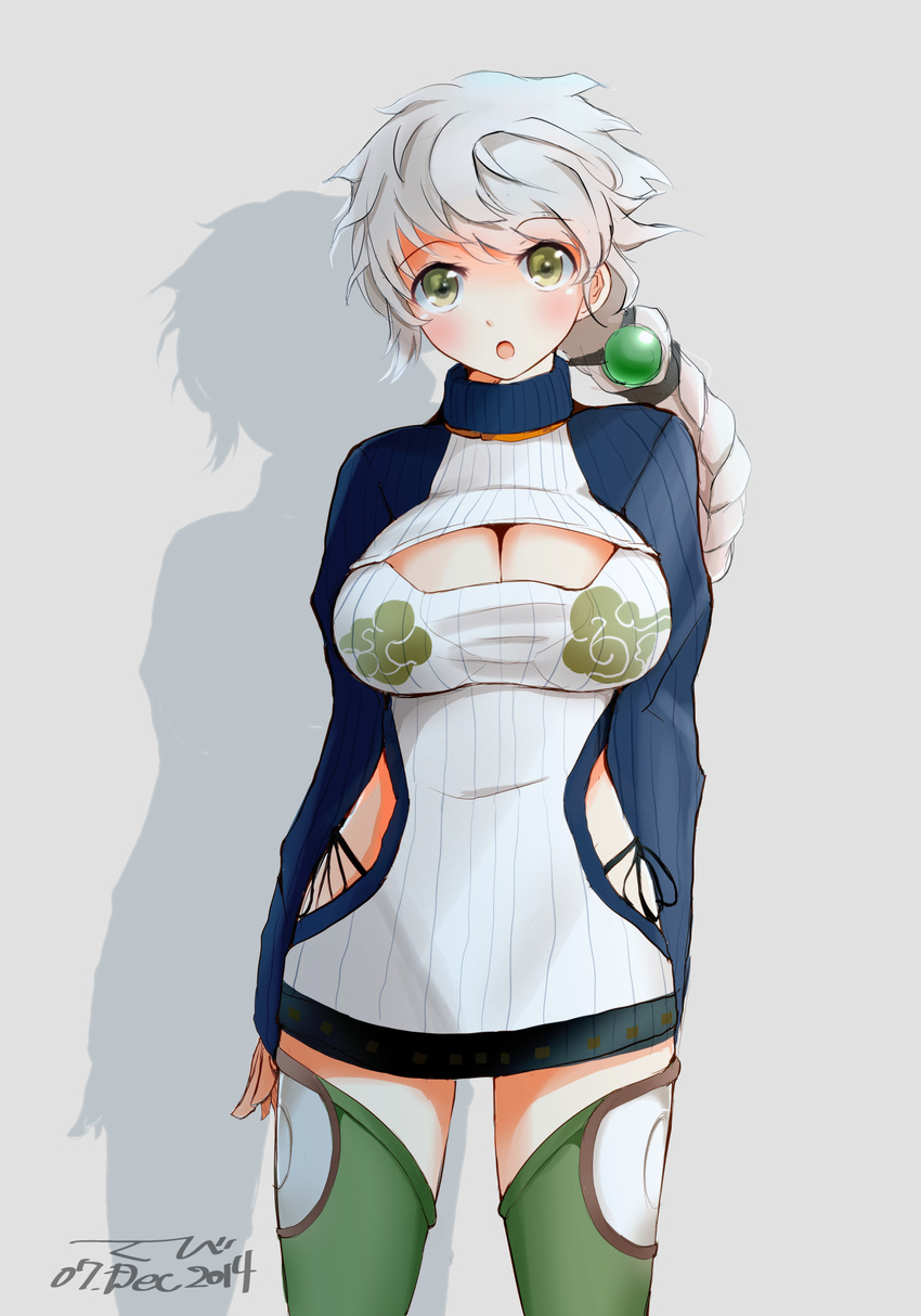 adapted_costume braid breasts cleavage cleavage_cutout commentary_request cowboy_shot eyebrows_visible_through_hair green_eyes green_legwear hair_ornament highleg highleg_panties highres kantai_collection large_breasts legs_apart long_hair looking_at_viewer meme_attire open-chest_sweater open_mouth panties revealing_clothes ribbed_sweater shadow silver_hair single_braid solo standing sweater tebi_(tbd11) thighhighs turtleneck underwear unryuu_(kantai_collection) zettai_ryouiki