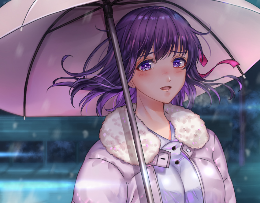 azaka_(rionrita) blush breasts close cropped fate/stay_night fate_(series) matou_sakura purple_eyes purple_hair ribbons short_hair snow tears umbrella waifu2x