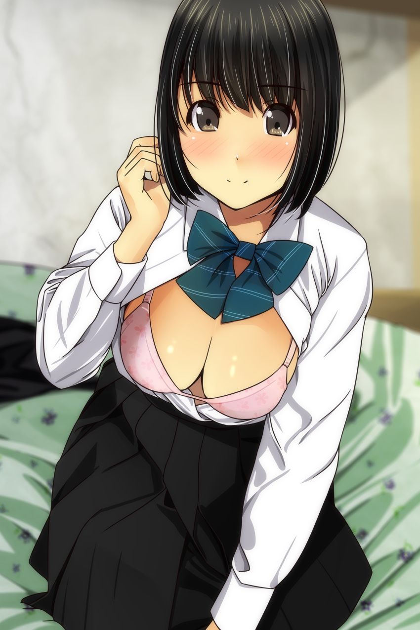 1girl absurdres bangs bed_sheet black_hair black_skirt blue_bow blurry blurry_background blush bow bra breasts brown_eyes cleavage closed_mouth collared_shirt depth_of_field eyebrows_visible_through_hair fingernails floral_print hair_between_eyes hand_up highres long_sleeves matsunaga_kouyou medium_breasts open_clothes open_shirt original pink_bra pleated_skirt print_bra shirt skirt smile solo underwear white_shirt