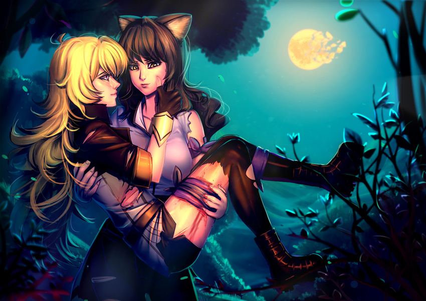 animal_ears bakki bandages black_gloves black_hair blake_belladonna blonde_hair blood broken_moon carrying cat_ears commentary fingerless_gloves gloves lips long_hair moon multiple_girls night princess_carry profile rwby torn_clothes yang_xiao_long yuri