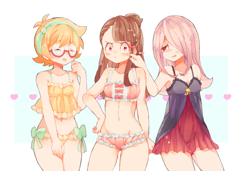 babydoll bikini blush bow breasts brown_hair cleavage closed_eyes collarbone commentary_request freckles frilled_bikini frills glasses groin hair_bow hair_over_one_eye hairband heart kagari_atsuko kiocotton little_witch_academia long_hair lotte_jansson multiple_girls navel open_mouth orange_hair pink_hair red_eyes short_hair simple_background small_breasts sucy_manbavaran swimsuit