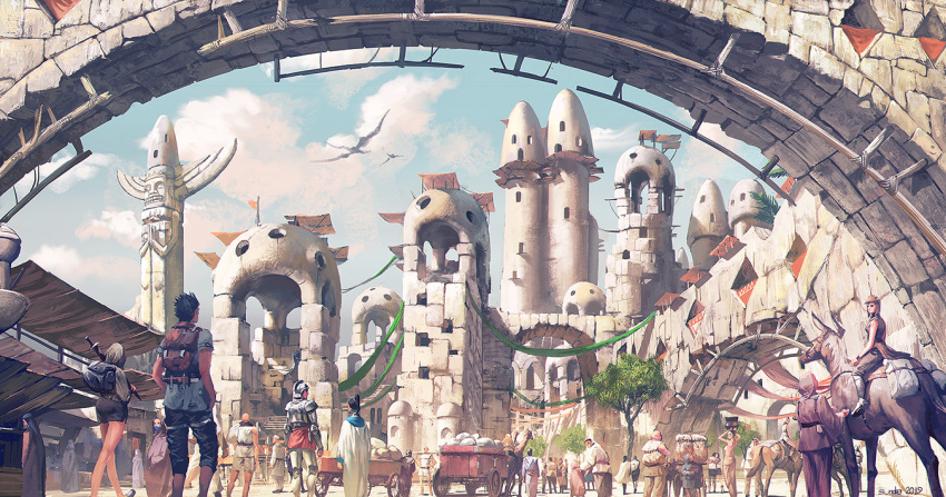 animal arch architecture armor artist_name backpack bag blue_sky building cart city cityscape cloud cloudy_sky commentary_request creature crowd day dragon fantasy horse multiple_boys multiple_girls noba outdoors pixiv_fantasia pixiv_fantasia_last_saga robe scenery sky sunlight totem_pole tower tree walking wide_shot window