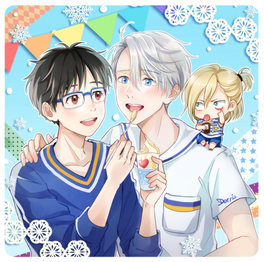 :p akanbe artist_name black_hair blonde_hair blue-framed_eyewear blue_eyes brown_eyes chibi dorris feeding food glasses green_eyes half_updo hand_on_another's_shoulder ice_cream katsuki_yuuri male_focus miniboy ministop multiple_boys open_mouth sailor_collar silver_hair smile snowflakes spoon string_of_flags tongue tongue_out v-shaped_eyebrows viktor_nikiforov yuri!!!_on_ice yuri_plisetsky