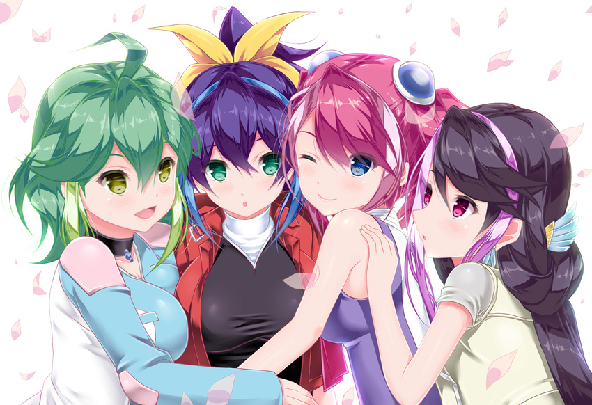 ahoge aqua_eyes blue_eyes blue_hair blush bow bracelet_girls breast_press breasts eyebrows eyebrows_visible_through_hair green_eyes green_hair hair_between_eyes hair_bow hair_ornament hair_ribbon highres hiiragi_yuzu karucho kurosaki_ruri large_breasts long_hair multicolored_hair multiple_girls open_mouth pink_eyes pink_hair ponytail purple_hair quadruplets ribbon rin_(yuu-gi-ou_arc-v) serena_(yuu-gi-ou_arc-v) siblings sisters smile two-tone_hair yuu-gi-ou yuu-gi-ou_arc-v