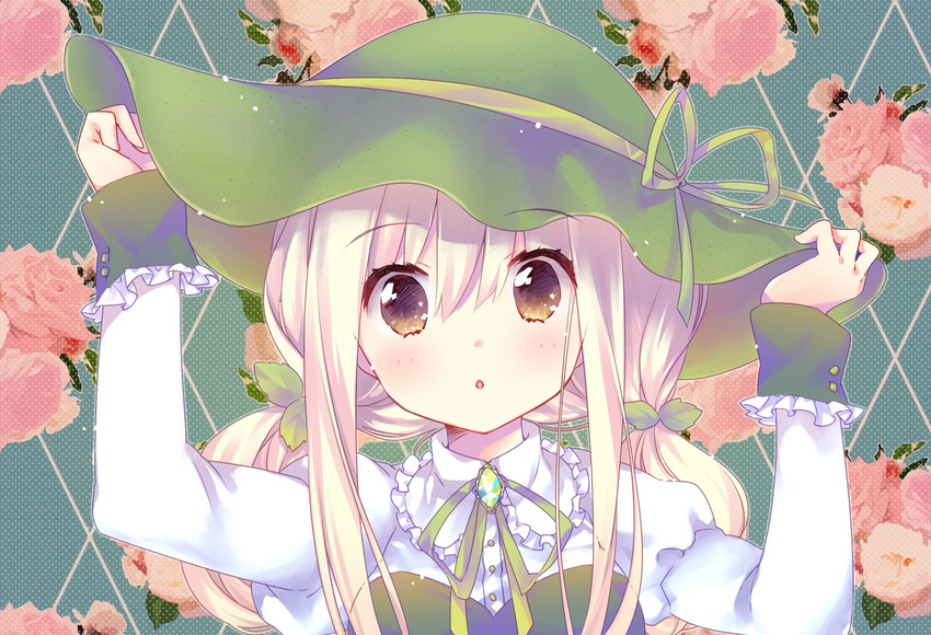 :o arms_up bangs blonde_hair blush brooch brown_eyes buttons commentary_request ech eyebrows_visible_through_hair floral_background flower frilled_shirt_collar frilled_sleeves frills gem green_hat green_ribbon hair_between_eyes hair_ornament hand_on_headwear hat hat_ribbon highres jewelry juliet_sleeves leaf_hair_ornament long_hair long_sleeves looking_at_viewer low_twintails neck_ribbon open_mouth original pink_flower pink_rose puffy_sleeves ribbon rose sleeve_cuffs solo star tareme twintails upper_body