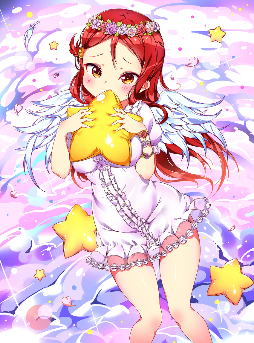 angel_wings blush center_frills covering_mouth dress feathered_wings flower_bracelet frilled_sleeves frills hair_ornament hairclip head_wreath highres holding holding_pillow long_hair love_live! love_live!_school_idol_festival love_live!_sunshine!! orange_eyes petals pillow red_hair sakurauchi_riko short_dress short_sleeves solo sparkle star_pillow tem10 white_dress white_wings wings