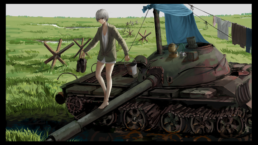 :o balancing bangs bedroll black_border border brown_eyes bucket cardigan caterpillar_tracks clothesline commentary_request cup czech_hedgehog field grass grey_hair ground_vehicle headwear_removed helmet helmet_removed highres holding holding_shoes horizon jittsu kettle laundry long_sleeves looking_away looking_down military military_vehicle motor_vehicle no_pants original outdoor_stove outdoors shirt shoes shoes_removed short_hair sleeping_bag stream t-55 t-shirt tank walking water