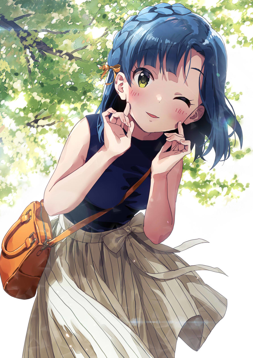 bag bare_arms between_breasts blue_hair blush braid breasts crown_braid from_below hands highres idolmaster idolmaster_million_live! leaning_forward lens_flare looking_at_viewer nanao_yuriko one_eye_closed pinky_out pose ribbon short_hair shoulder_bag sleeveless smile solo sonsoso strap_cleavage wind yellow_eyes