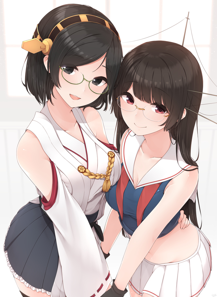 :d absurdres bare_shoulders black_eyes black_gloves black_hair black_legwear black_skirt choukai_(kantai_collection) detached_sleeves glasses gloves green-framed_eyewear hairband headgear highres japanese_clothes kantai_collection kirishima_(kantai_collection) long_hair multiple_girls nontraditional_miko open_mouth pleated_skirt red_eyes ribbon-trimmed_sleeves ribbon_trim sailor_collar school_uniform serafuku short_hair skirt sleeveless smile thighhighs white_skirt yukichi_(sukiyaki39)