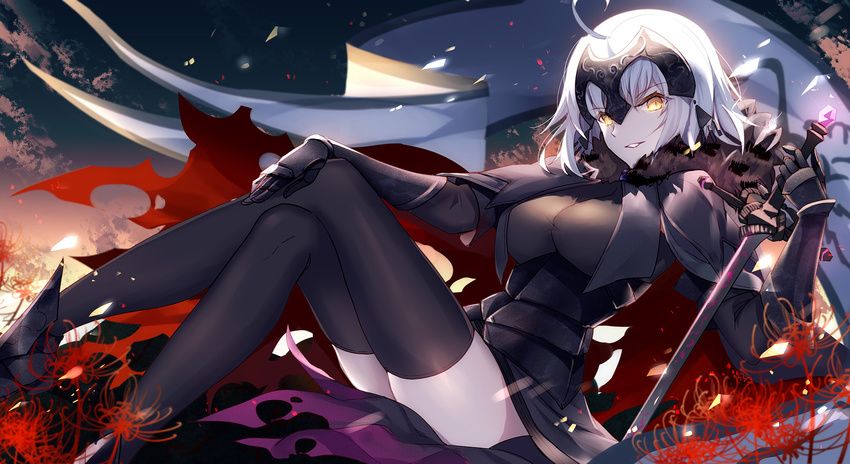 ahoge armor armored_dress bison_cangshu black_gloves black_legwear blonde_hair breasts capelet elbow_gloves fate/grand_order fate_(series) feet_out_of_frame flower gauntlets gloves headpiece highres jeanne_d'arc_(alter)_(fate) jeanne_d'arc_(fate)_(all) large_breasts looking_at_viewer md5_mismatch parted_lips ribbon solo spider_lily striped striped_ribbon yellow_eyes