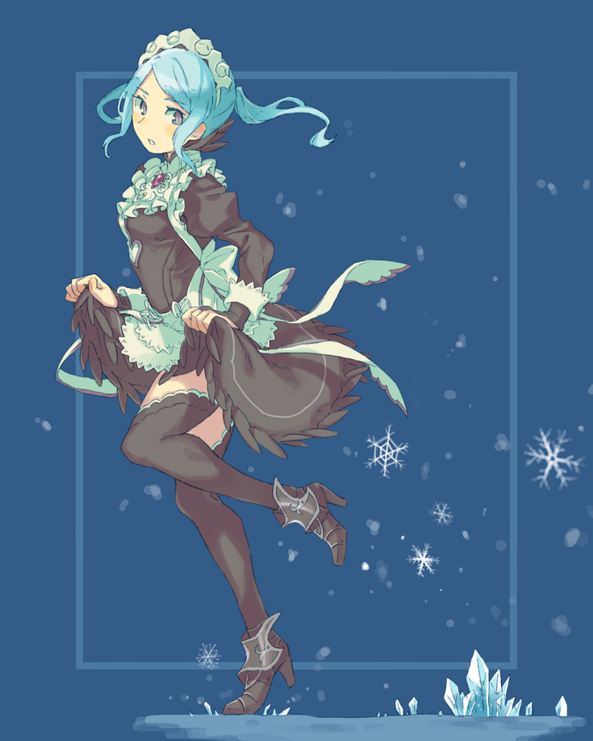 aisutabetao apron aqua_hair black_eyes black_legwear blue_background boots breasts brooch dress fire_emblem fire_emblem_if flora_(fire_emblem_if) full_body highres ice_crystal jewelry long_sleeves looking_back maid maid_apron maid_headdress medium_breasts open_mouth ribbon running short_hair skirt_hold snowflakes solo thighhighs