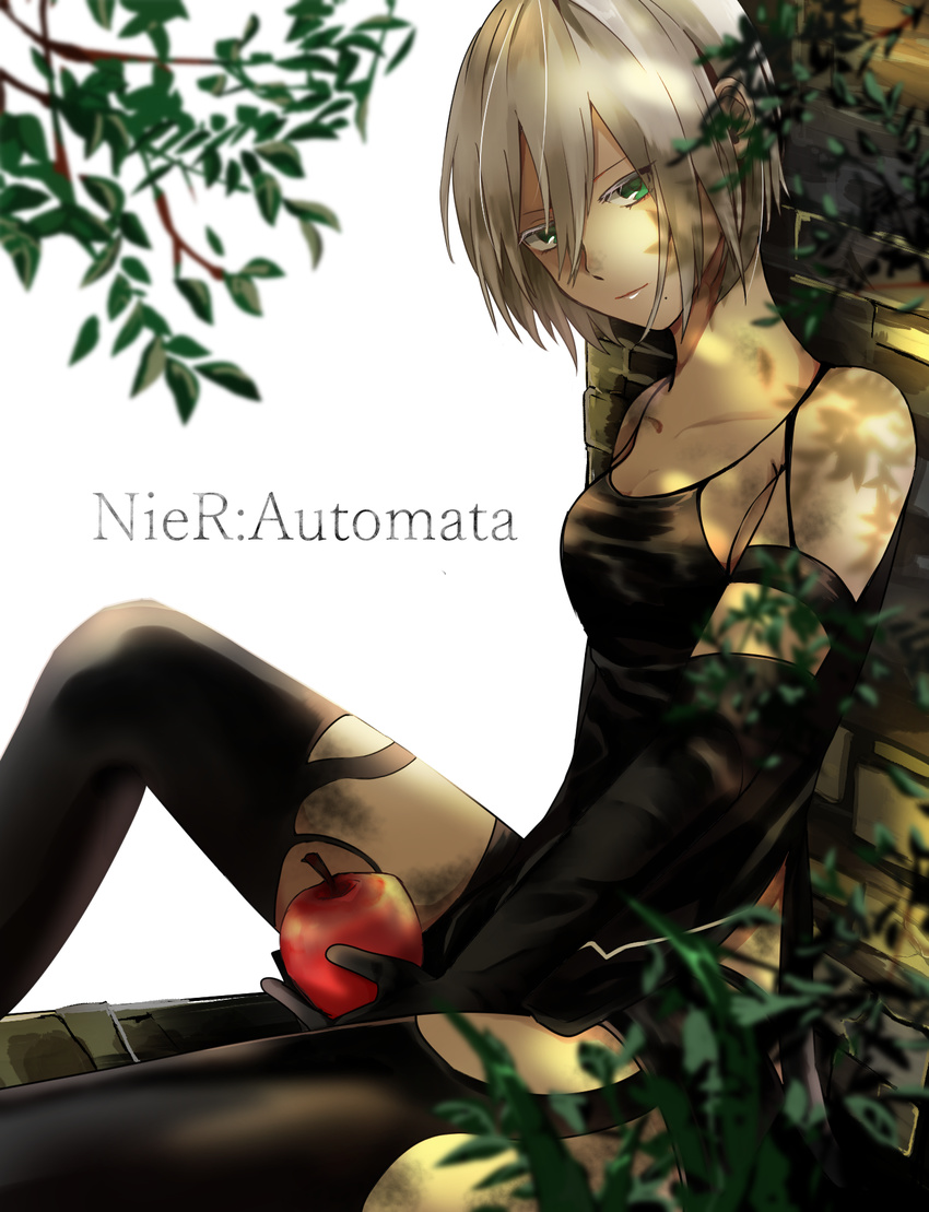 alternate_hair_length alternate_hairstyle android apple arm_at_side armlet bad_id bad_pixiv_id bangs bare_shoulders black_gloves black_legwear black_shorts breasts camisole cleavage closed_mouth collarbone copyright_name cowboy_shot elbow_gloves food fruit garter_straps gloves green_eyes hair_between_eyes highres holding holding_food holding_fruit knee_up leaf light_smile lips looking_at_viewer mole mole_under_mouth nier_(series) nier_automata plant robot_joints short_hair short_shorts shorts silver_hair sitting sleeveless small_breasts solo tamari tank_top tree_branch yorha_type_a_no._2