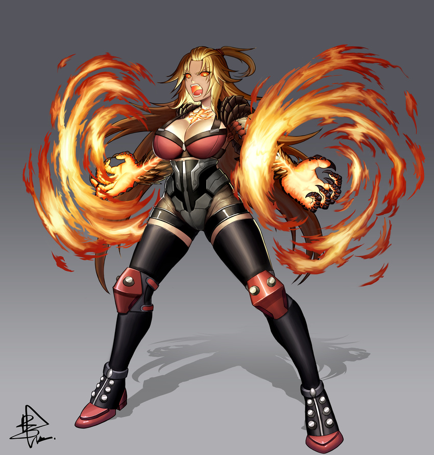 blonde_hair breasts fire_breath red_sclera scales yellow_eyes