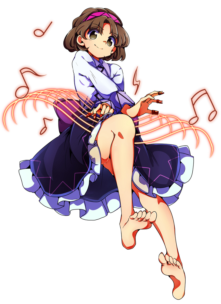 absurdres baba_(baba_seimaijo) barefoot black_skirt brown_eyes brown_hair collared_shirt commentary_request feet frilled_skirt frills full_body hairband high-waist_skirt highres instrument jewelry long_sleeves looking_at_viewer lute_(instrument) musical_note ring shirt short_hair skirt smile solo tachi-e touhou transparent_background tsukumo_yatsuhashi white_shirt
