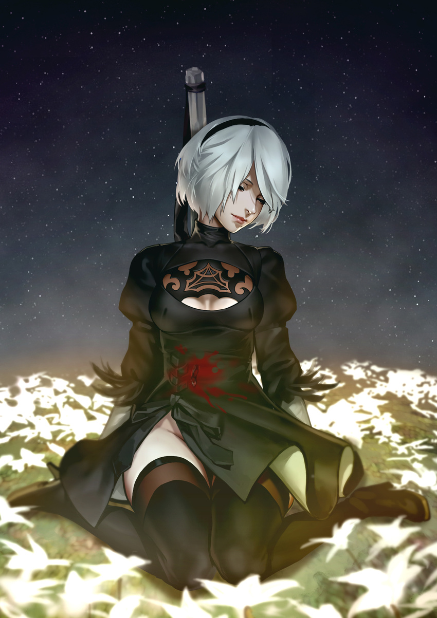 arm_support as109 back_cutout black_dress black_footwear black_hairband black_legwear boots breasts cleavage_cutout closed_eyes dress feather-trimmed_sleeves hairband head_tilt highres juliet_sleeves lips long_sleeves medium_breasts mole mole_under_mouth nier_(series) nier_automata night night_sky no_blindfold no_panties puffy_sleeves short_dress short_hair side_slit silver_hair sitting sky solo stabbed star_(sky) starry_sky thigh_boots thighhighs thighhighs_under_boots turtleneck weapon weapon_on_back yorha_no._2_type_b