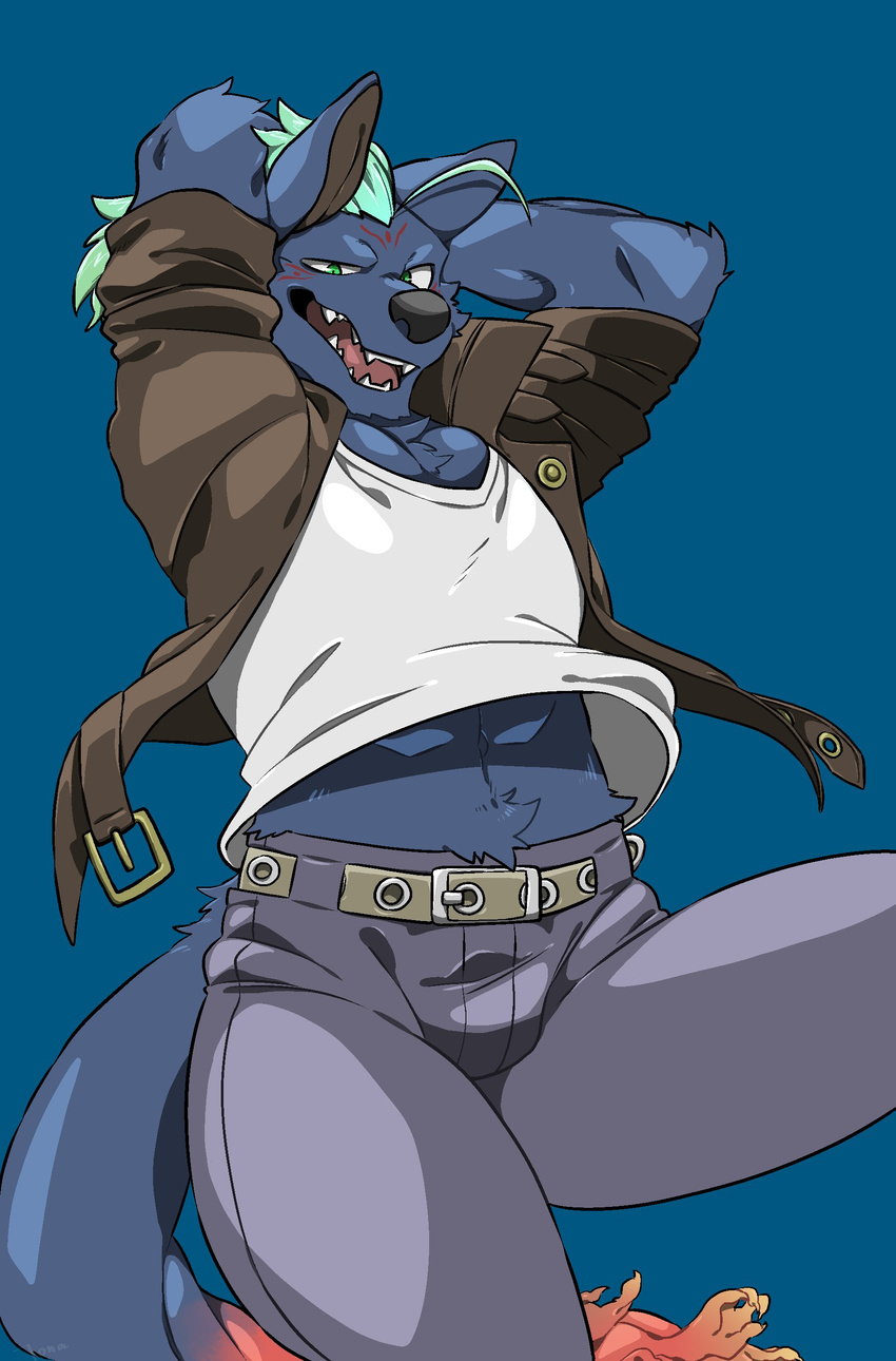 belly clothed clothing hands_behind_head hyena male mammal mohawk nyarlathotep pose simple_background tokyo_afterschool_summoners tona