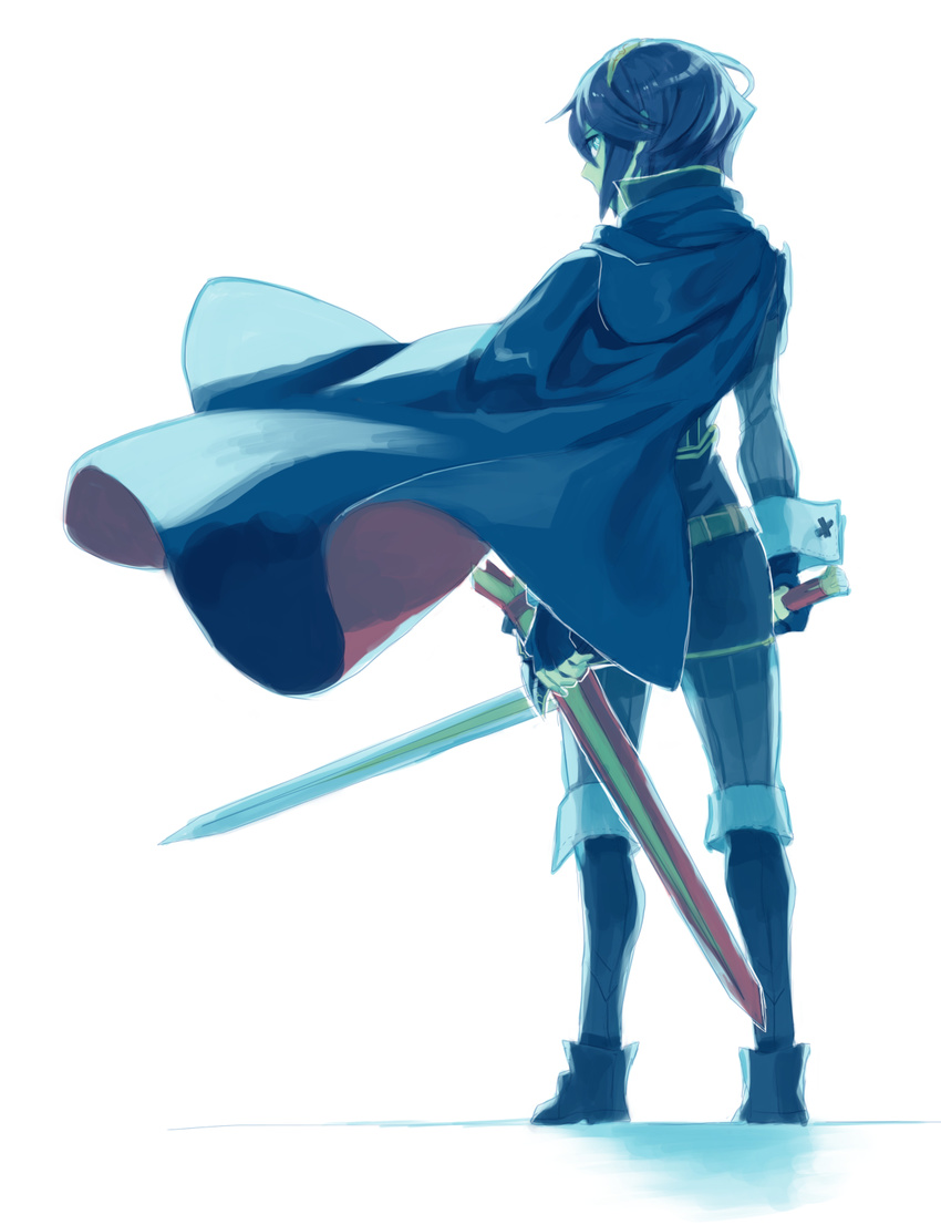 aisutabetao androgynous blue_eyes blue_hair boots cloak falchion_(fire_emblem) fingerless_gloves fire_emblem fire_emblem:_kakusei full_body gloves hairband highres long_sleeves looking_at_viewer looking_back lucina reverse_trap ribbed_legwear scabbard sheath short_hair simple_background sketch solo standing sword unsheathed weapon white_background wind