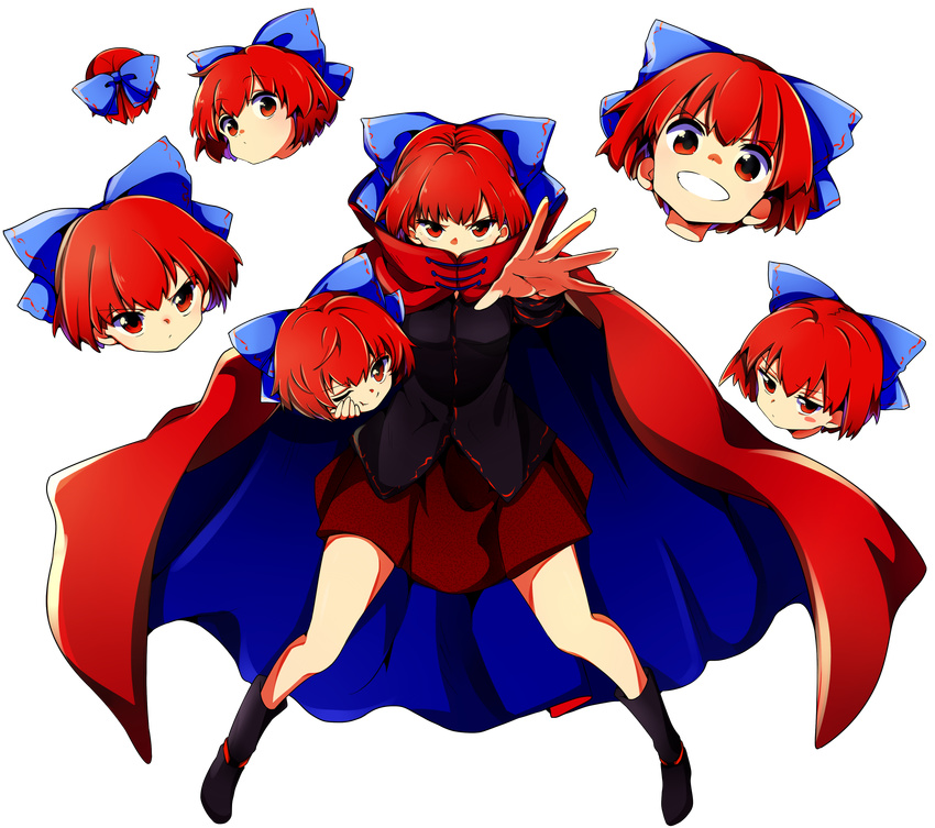&gt;:( :d ;) baba_(baba_seimaijo) black_shirt blue_bow blush bow cape commentary_request covered_mouth disembodied_head foreshortening frown full_body grin hair_bow high_collar highres long_sleeves miniskirt multiple_heads nukekubi one_eye_closed open_mouth red_cape red_eyes red_hair red_skirt sekibanki shirt short_hair skirt smile solo tachi-e touhou transparent_background v-shaped_eyebrows