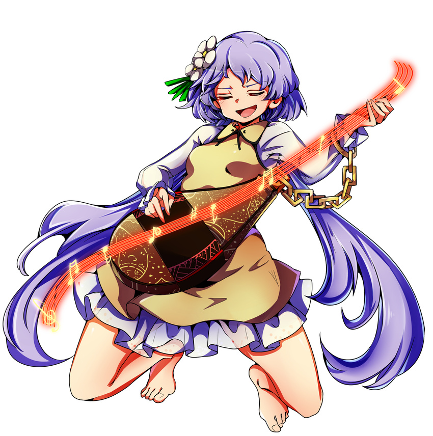 :d absurdres baba_(baba_seimaijo) bare_legs barefoot beamed_sixteenth_notes biwa_lute blush breasts chain closed_eyes commentary_request dress eighth_note flower full_body hair_flower hair_ornament highres instrument kneeling lavender_hair long_hair long_sleeves low_twintails lute_(instrument) music musical_note open_mouth petticoat playing_instrument purple_hair quarter_note see-through sharp_sign shirt short_dress sixteenth_note small_breasts smile solo spread_legs staff_(music) tachi-e touhou transparent_background treble_clef tsukumo_benben twintails very_long_hair white_shirt yellow_dress