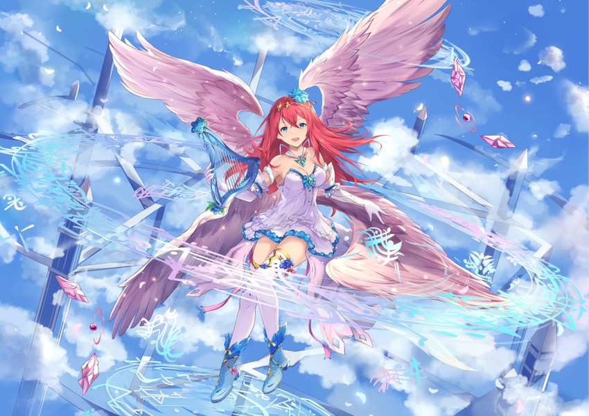 :d angel angel_wings armband armpit_peek bangs bare_shoulders beige_wings blue_eyes blue_flower blue_footwear blue_ribbon boots braid breasts cleavage cloud cloudy_sky collarbone crown_braid day dress eighth_note eighth_rest elbow_gloves feathered_wings floating_hair flower flying full_body fuuro_(johnsonwade) gem gloves glowing hair_between_eyes hair_flower hair_ornament harp holding holding_instrument instrument jewelry long_hair looking_at_viewer medium_breasts musical_note open_mouth original outdoors pendant pink_ribbon red_hair ribbon sky smile solo spire strapless strapless_dress thighhighs tower white_dress white_gloves white_legwear wings