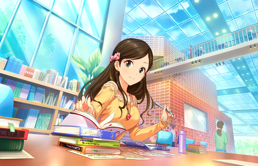arm_up artist_request bangs blue_sky book book_stack bookmark bookshelf bow bra_strap brown_hair ceiling ceiling_light chain chain_necklace chair charm_(object) closed_mouth cloud cloudy_sky collarbone day dutch_angle earrings etou_misaki_(idolmaster) eyebrows_visible_through_hair eyelashes gem gold_chain green_eyes hair_bow heart heart_necklace heart_pendant holding holding_pen idolmaster idolmaster_cinderella_girls idolmaster_cinderella_girls_starlight_stage indoors jewelry lace lace-trimmed_shirt library lights long_hair long_sleeves looking_at_viewer necklace off_shoulder official_art on_chair open_book paper parted_bangs pen pendant pink_bow plant polka_dot polka_dot_bow print_bow ribbed_shirt shirt sitting sky sleeves_past_wrists smile solo_focus table translation_request turning_page window yellow_shirt