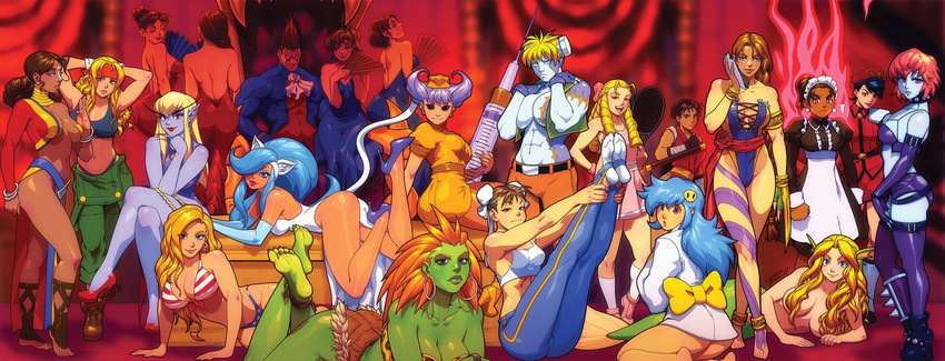 6+girls abs adapted_costume alex_(street_fighter) alternate_costume american_flag_bikini ankle_socks anklet antenna_hair apron ass aulbath aura backless_dress backless_outfit balrog bare_legs bikini bishamon blanka blonde_hair blue_eyes blue_hair blue_skin bolt braid breasts brown_hair bun_cover chun-li claw_(weapon) cocktail_dress commentary crossed_legs dark_skin demitri_maximoff donovan_baine double_bun dress drill_hair earrings elbow_gloves enmaided feet felicia fingerless_gloves flag_print full_body_tattoo gai_(final_fight) genderswap genderswap_(mtf) gloves gouki green_skin guile hair_ornament hair_over_one_eye hairband hairclip harem head_fins headband high_heels highres hoop_earrings jedah_dohma jewelry jpeg_artifacts kanzuki_karin ken_masters large_breasts large_syringe legs_up leotard lips long_hair lying maid mask mask_removed medium_breasts mermaid midnight_bliss monster_girl multicolored multicolored_skin multiple_girls no_panties nurse on_stomach orange_hair oversized_object purple_gloves purple_legwear purple_skin q-bee red_footwear red_hair revealing_clothes ringlets robert_porter shoes short_shorts shorts single_braid skull_hair_ornament socks soles sports_bra sportswear stiletto_heels strapless strapless_leotard street_fighter street_fighter_vs._darkstalkers swimsuit syringe tattoo tennis_uniform the_pose thick_eyebrows thighhighs thighs toes tonfa twisted_torso two-tone_skin vampire_(game) vega very_long_hair victor_von_gerdenheim waist_apron weapon wrist_cuffs zabel_zarock