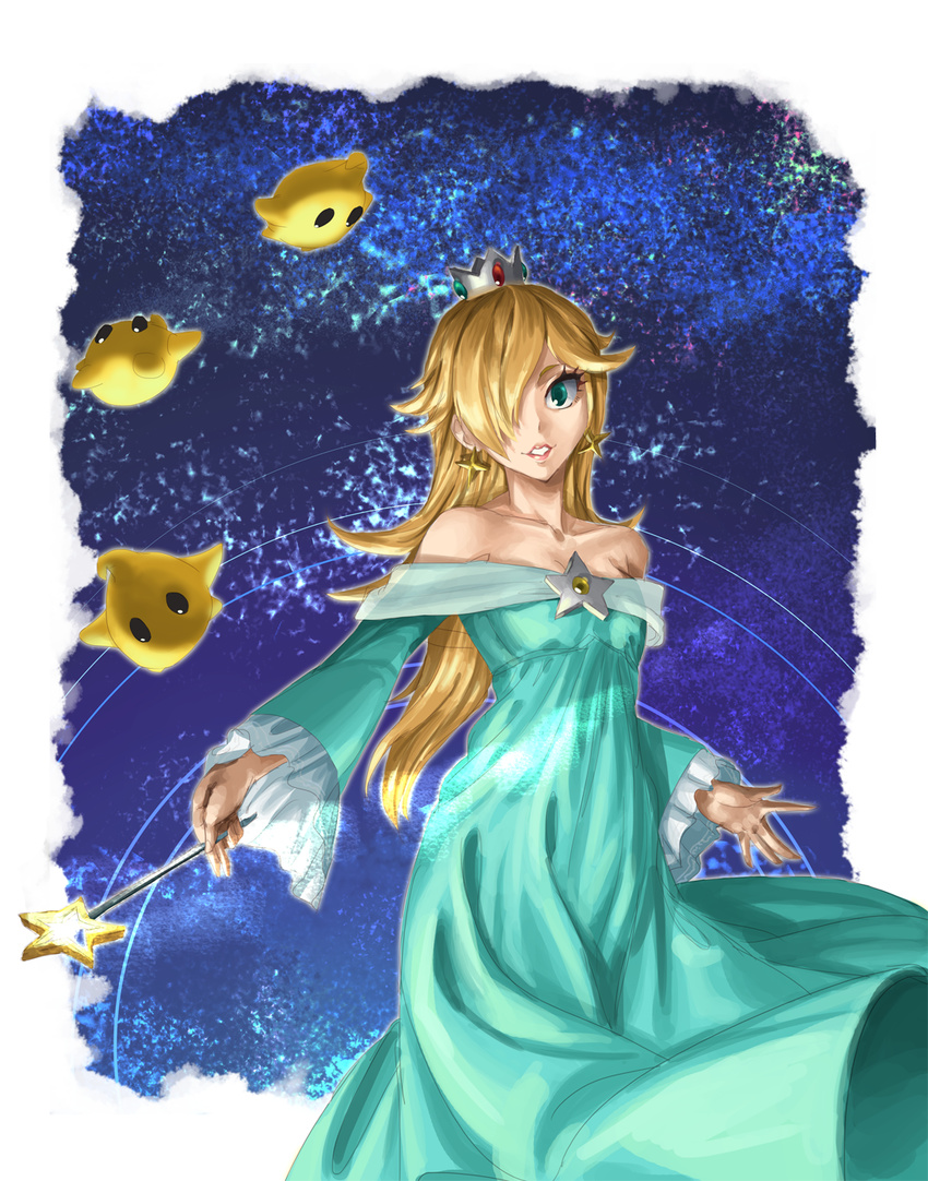 athenawyrm bare_shoulders blonde_hair blue_eyes blush breasts chiko_(mario) crown dress earrings hair_over_one_eye highres jewelry long_hair looking_at_viewer mario_(series) medium_breasts open_mouth rosetta_(mario) smile star super_mario_bros. super_mario_galaxy