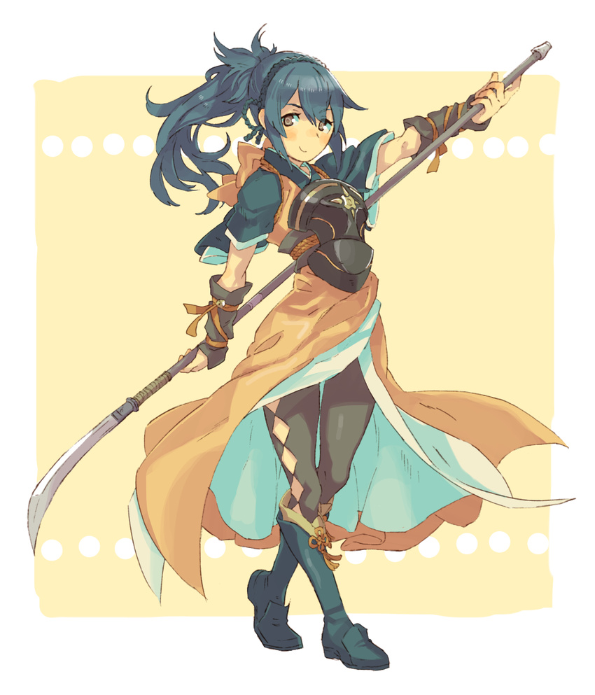 aisutabetao armor black_legwear blue_hair boots breastplate brown_eyes fingerless_gloves fire_emblem fire_emblem_if full_body gloves hair_between_eyes highres japanese_clothes long_hair looking_at_viewer naginata obi oboro_(fire_emblem_if) orange_background pantyhose polearm ponytail rope sash short_sleeves simple_background smile solo standing weapon