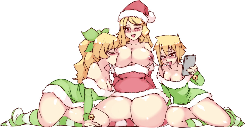 3girls bell blonde_hair blush bow breast_sucking breasts cellphone christmas collarbone dress eyes_closed fur_trim green_bow green_dress green_legwear hair_between_eyes hair_bow hat incest jingle_bell katawa_shoujo lactation large_breasts long_hair long_sleeves mother_and_daughter multiple_girls off_shoulder open_mouth phone ponytail red_dress red_eyes red_hat red_legwear rtil saliva saliva_trail santa_costume santa_hat satou_akira satou_karla satou_lilly self_shot short_hair siblings simple_background sisters sitting smartphone smile striped striped_legwear thick_thighs thighs white_background yuri