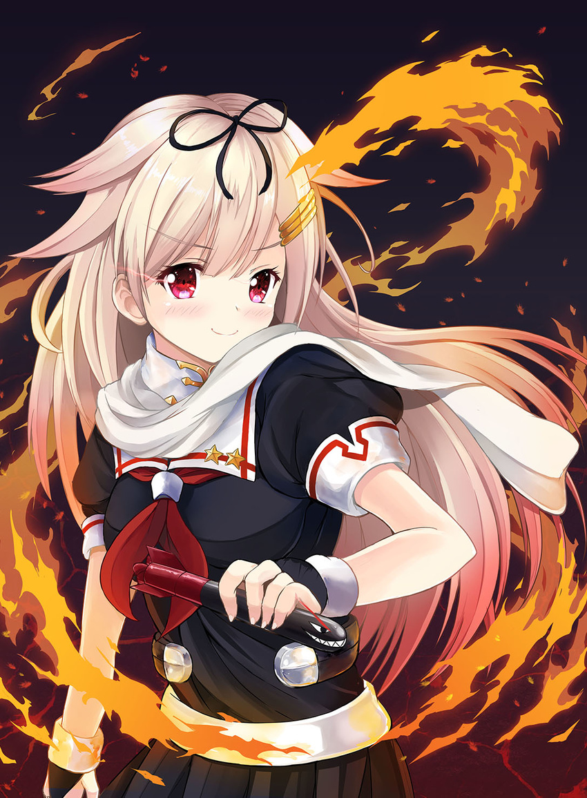 &gt;:) black_gloves black_ribbon black_serafuku black_skirt blonde_hair fingerless_gloves fire gloves hair_flaps hair_ornament hair_ribbon hairclip highres kantai_collection long_hair neckerchief pleated_skirt red_eyes red_neckwear remodel_(kantai_collection) ribbon scarf school_uniform serafuku short_sleeves skirt smile solo suzuta_yume v-shaped_eyebrows white_scarf yuudachi_(kantai_collection)