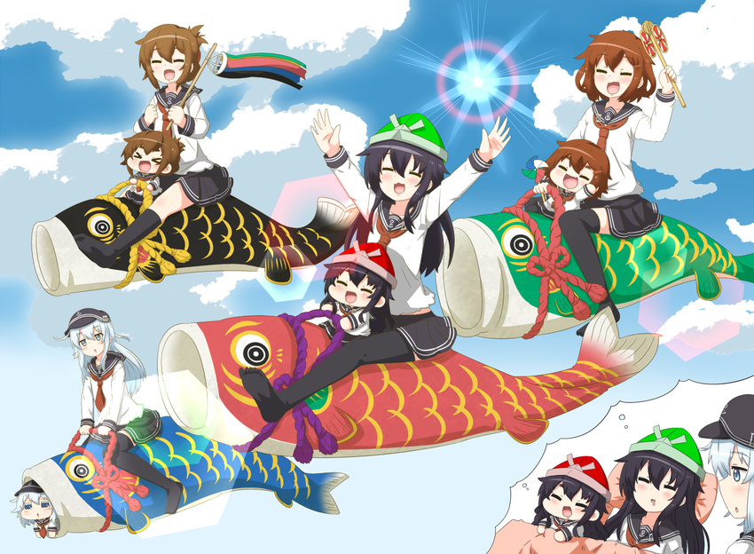 &gt;_&lt; akatsuki_(kantai_collection) anchor_symbol arms_up black_hair blanket blue_eyes blue_hair blue_sky brown_hair chibi closed_eyes cloud comic commentary day dreaming flat_cap flying folded_ponytail hair_ornament hairclip hands_up hat hibiki_(kantai_collection) ikazuchi_(kantai_collection) inazuma_(kantai_collection) kantai_collection kodomo_no_hi koinobori lens_flare long_hair long_sleeves multiple_girls multiple_riders neckerchief open_mouth outdoors pantyhose paper_hat paper_kabuto pillow pleated_skirt puchimasu! riding school_uniform serafuku short_hair sidelocks silver_hair skirt sky sleeping smile thighhighs yuureidoushi_(yuurei6214)