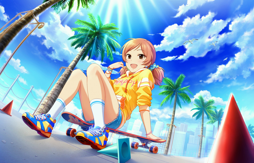 :d arm_behind_back arm_support arm_up bangs blue_sky blush bracelet brown_eyes clothes_writing cloud cloudy_sky cutoffs day denim denim_shorts dot_nose drawstring dutch_angle earrings eyebrows_visible_through_hair eyelashes eyes_visible_through_hair hair_ornament hair_scrunchie happy hood hoodie idolmaster idolmaster_cinderella_girls idolmaster_cinderella_girls_starlight_stage jewelry knees_together_feet_apart komatsu_ibuki long_hair long_sleeves looking_at_viewer multicolored_footwear official_art open_mouth orange_hair outdoors palm_tree parted_bangs pocket raised_eyebrows scrunchie shoes short_shorts short_twintails shorts sitting skateboard sky sleeves_pushed_up smile sneakers socks solo star star_earrings striped striped_legwear traffic_cone tree twintails white_legwear