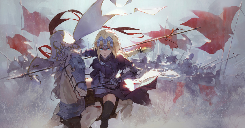 armor armored_dress army battle bell blonde_hair blue_eyes braid breasts capelet cavalry chain charging fate/apocrypha fate_(series) faulds flag gauntlets headpiece highres horse horseback_riding jeanne_d'arc_(fate) jeanne_d'arc_(fate)_(all) knight kuroduki_(pieat) large_breasts looking_at_viewer mount riding single_braid solo_focus standard_bearer yellow_eyes