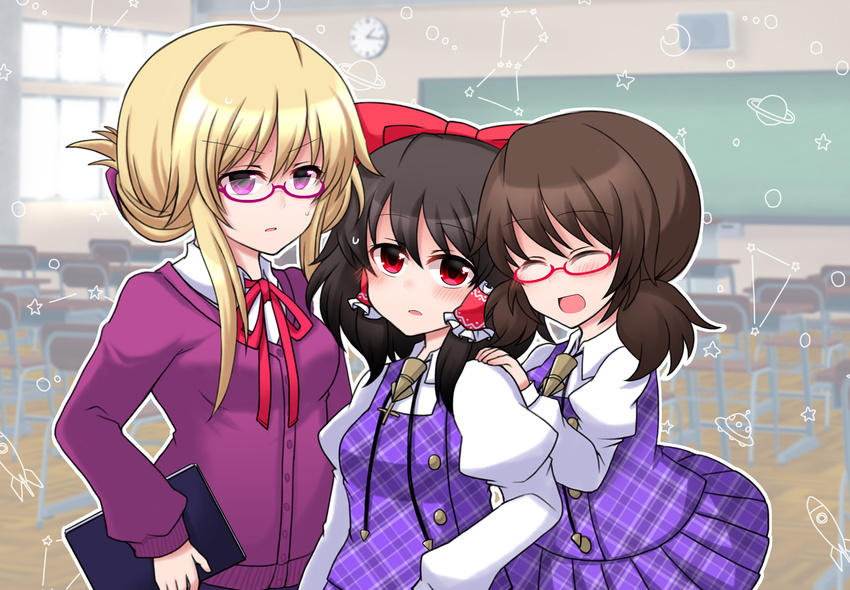 alternate_costume alternate_hairstyle bangs bespectacled black_hair blonde_hair blurry blurry_background blush bolo_tie book bow breasts brown_hair cardigan chair classroom clock collared_shirt constellation cosplay cowboy_shot crescent_moon day desk glasses hair_between_eyes hair_bow hair_ornament hair_tubes hairclip hakurei_reimu happy holding holding_book indoors long_sleeves low_twintails medium_breasts moon multiple_girls no_hat no_headwear open_mouth pink-framed_eyewear plaid plaid_skirt plaid_vest planet puffy_long_sleeves puffy_sleeves purple-framed_eyewear purple_eyes purple_skirt purple_vest red_eyes ribbon rocket_ship school_chair school_desk school_uniform semi-rimless_eyewear shiohachi shirt short_hair_with_long_locks sidelocks skirt space_craft star sunlight teacher touhou twintails ufo under-rim_eyewear unmoving_pattern usami_sumireko usami_sumireko_(cosplay) vest white_shirt window yakumo_yukari