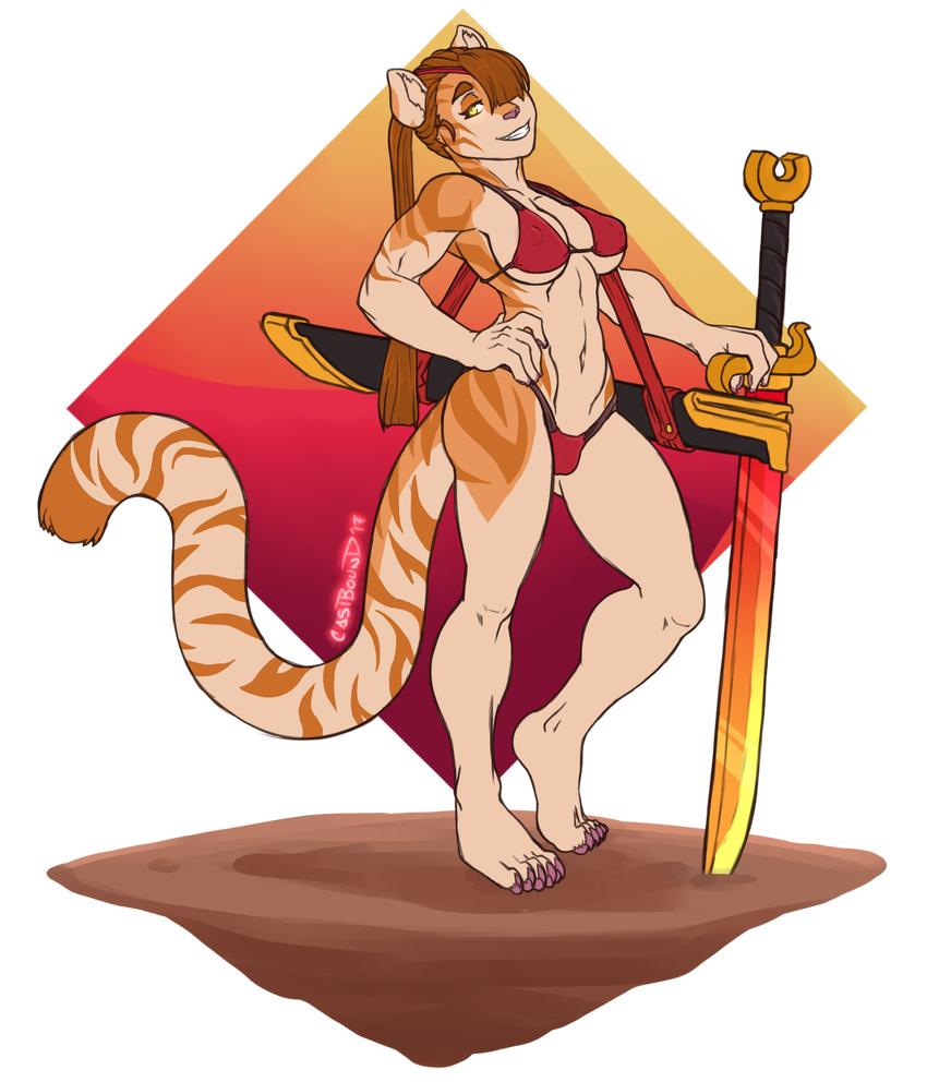 2017 amber_eyes anthro bikini castbound clothing feline female hand_on_waist long_tail looking_at_viewer mammal melee_weapon scabbard smile solo standing swimsuit sword teeth tiger weapon