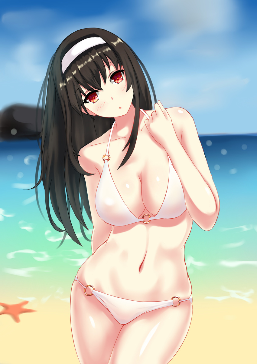 absurdres arm_behind_back bangs bare_arms bare_shoulders beach bikini black_hair blurry blurry_background breasts brown_eyes chestnut_mouth cleavage collarbone contrapposto cowboy_shot day dylannn eyebrows_visible_through_hair hairband hand_up head_tilt highres kasumigaoka_utaha large_breasts legs_together long_hair looking_at_viewer midriff navel o-ring o-ring_bikini o-ring_bottom o-ring_top ocean open_mouth outdoors saenai_heroine_no_sodatekata sand shiny shiny_skin solo standing starfish stomach swimsuit water white_bikini white_hairband