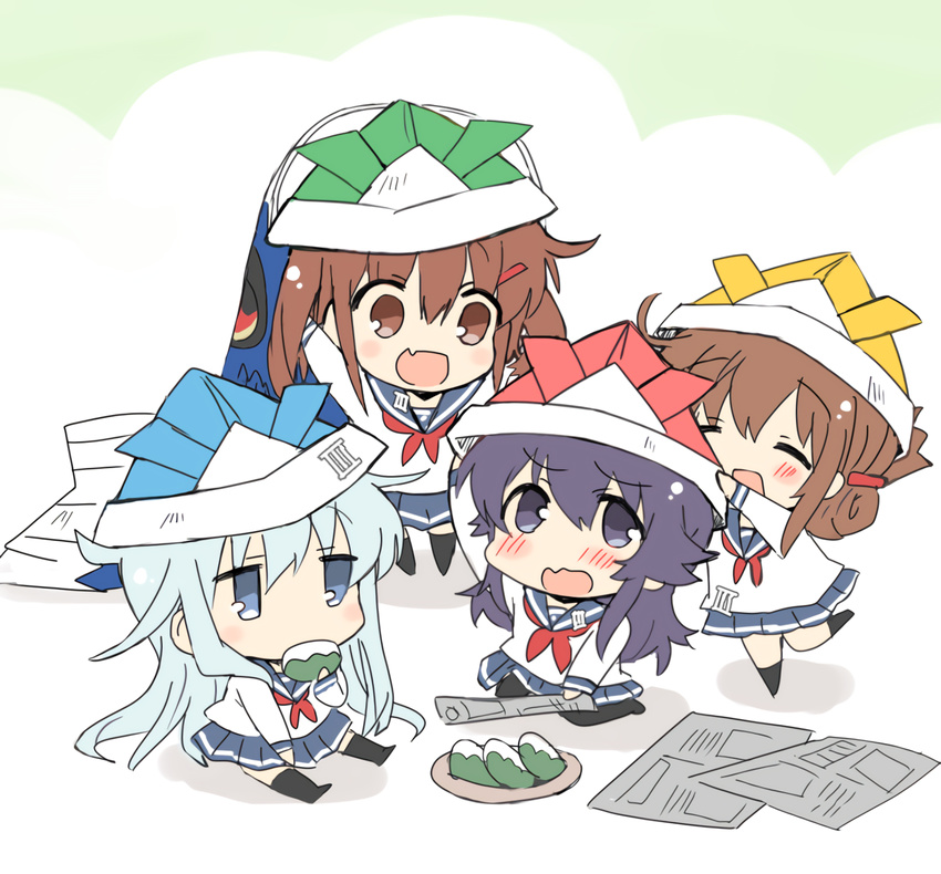 akatsuki_(kantai_collection) black_legwear blue_eyes brown_hair chibi commentary_request folded_ponytail food hair_between_eyes hibiki_(kantai_collection) hizuki_yayoi ikazuchi_(kantai_collection) inazuma_(kantai_collection) kantai_collection kashiwa_mochi_(food) kodomo_no_hi koinobori long_hair mochi multiple_girls newspaper paper_hat paper_kabuto purple_eyes purple_hair school_uniform serafuku short_hair silver_hair simple_background wagashi wavy_mouth white_background